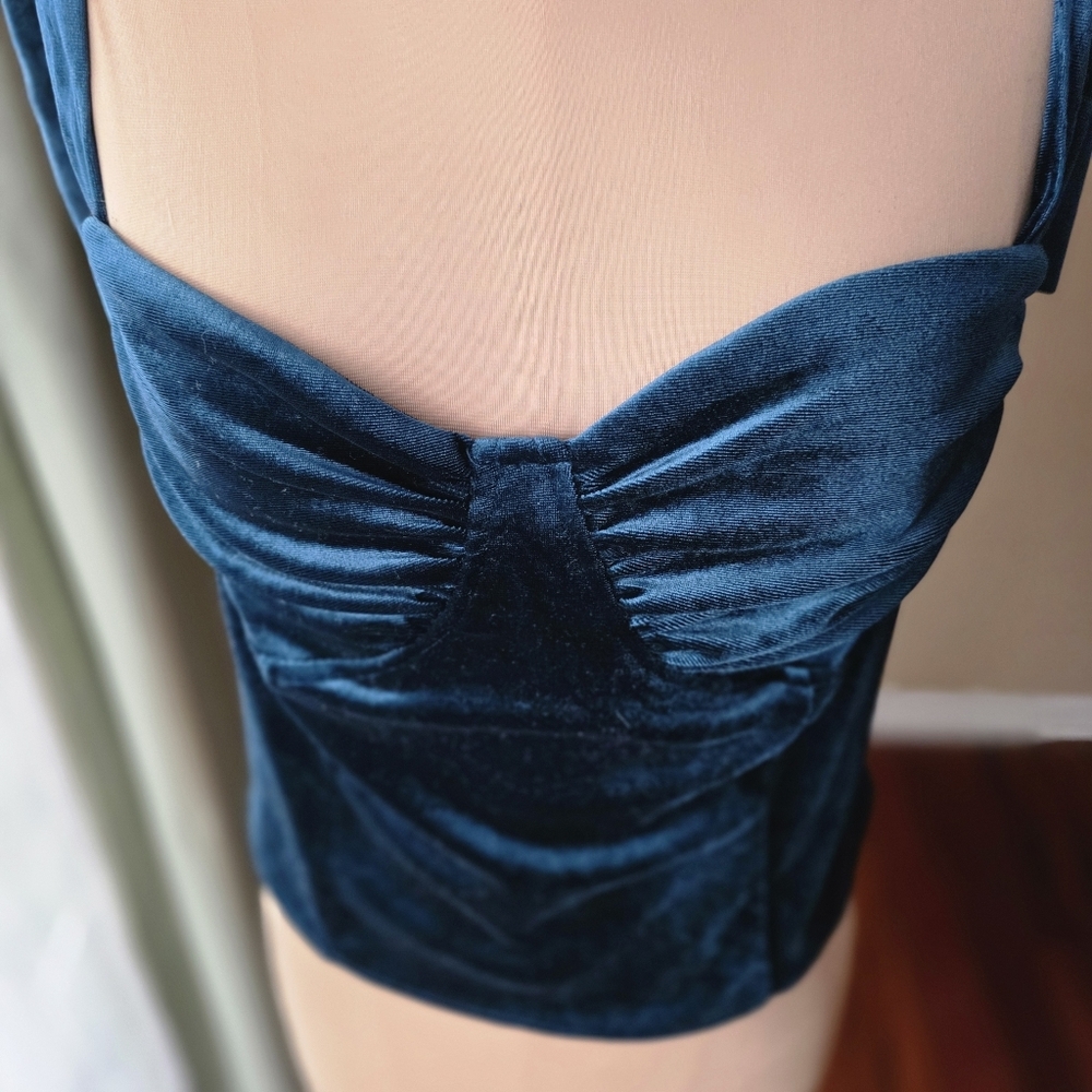 Teal Velvet Cami Corset Tank Top Adjustable Tie Straps If By Sea Women's Large - Picture 7 of 13